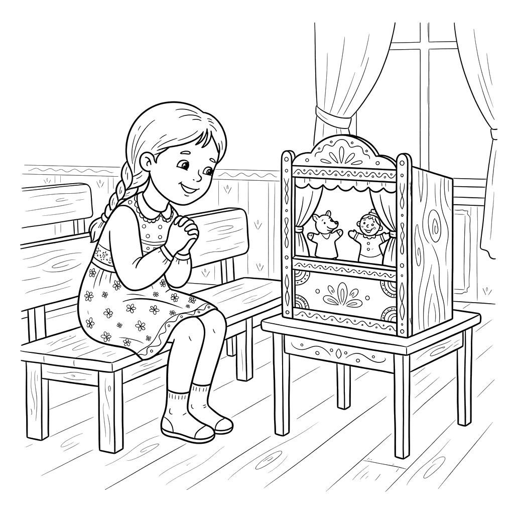 Girl Watching Puppet Show Coloring Page