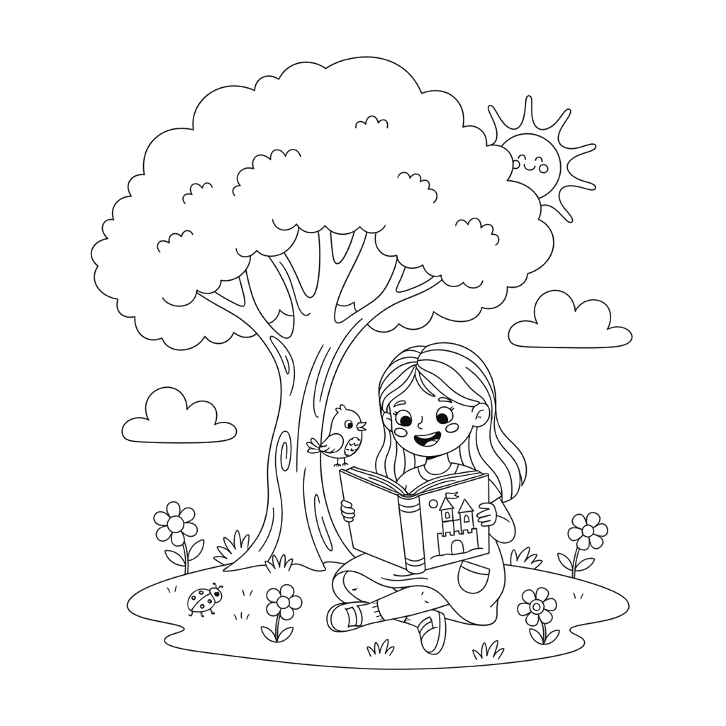 Girl Reading Under a Tree Coloring Page