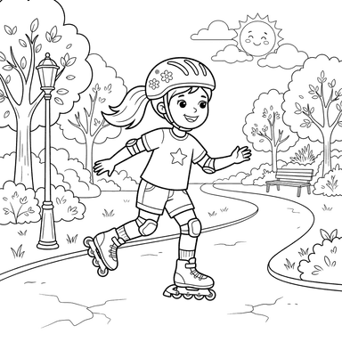 Girl Roller Skating in Park Coloring Page