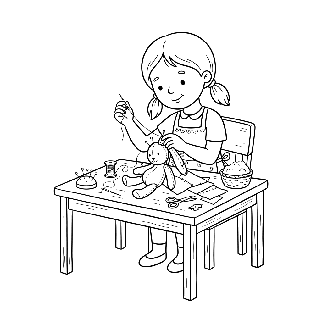 Girl Sewing Bunny Plushie Coloring Page