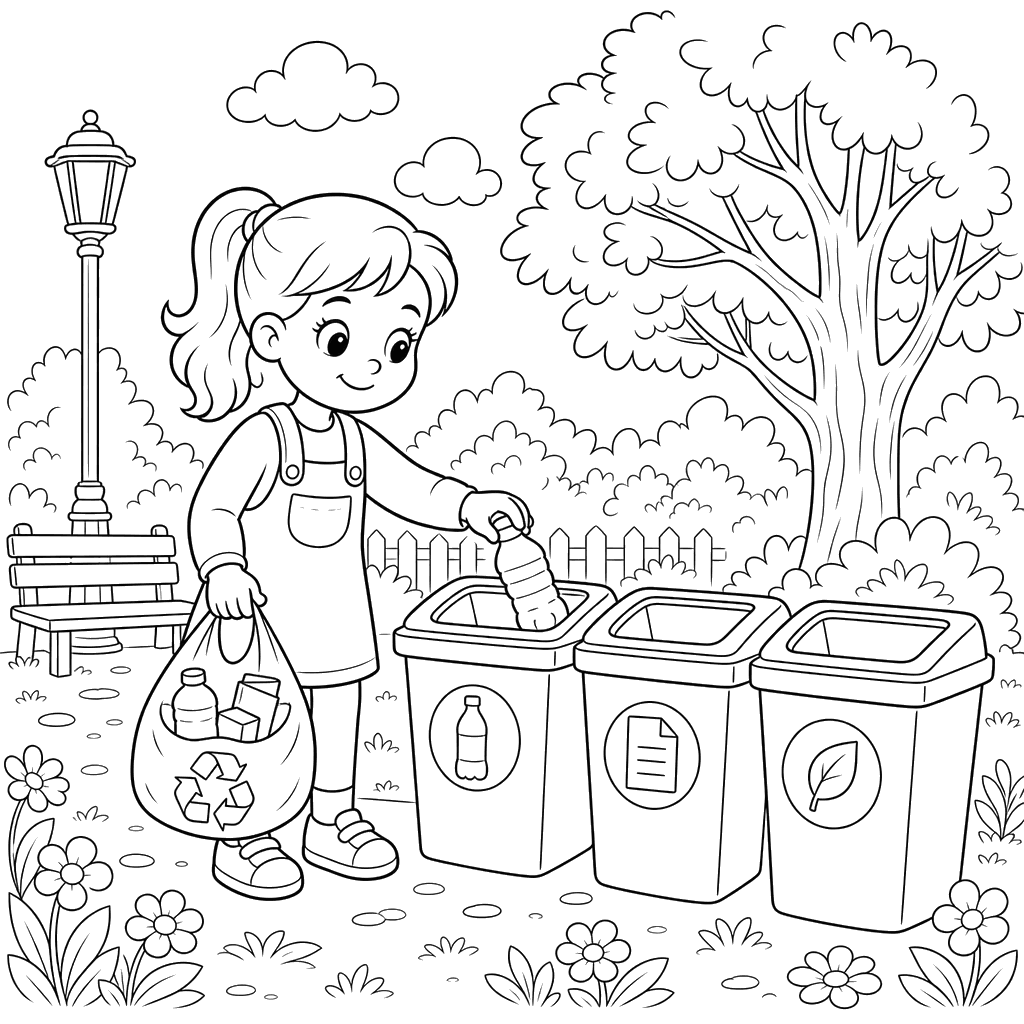 Girl Sorting Trash for Recycling Coloring Page