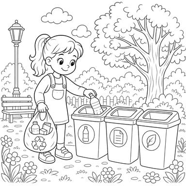 Girl Sorting Trash for Recycling Coloring Page