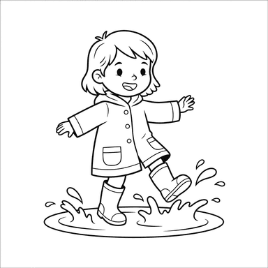 Girl Splashing in Puddles Coloring Page
