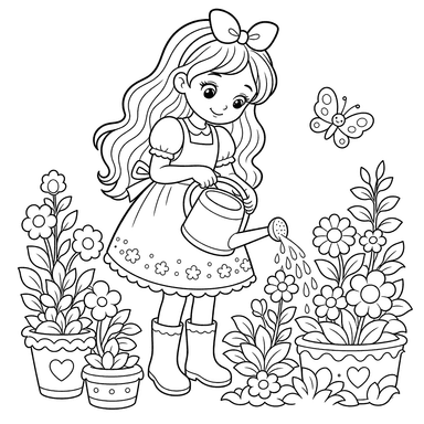 Girl Watering Flowers Coloring Page