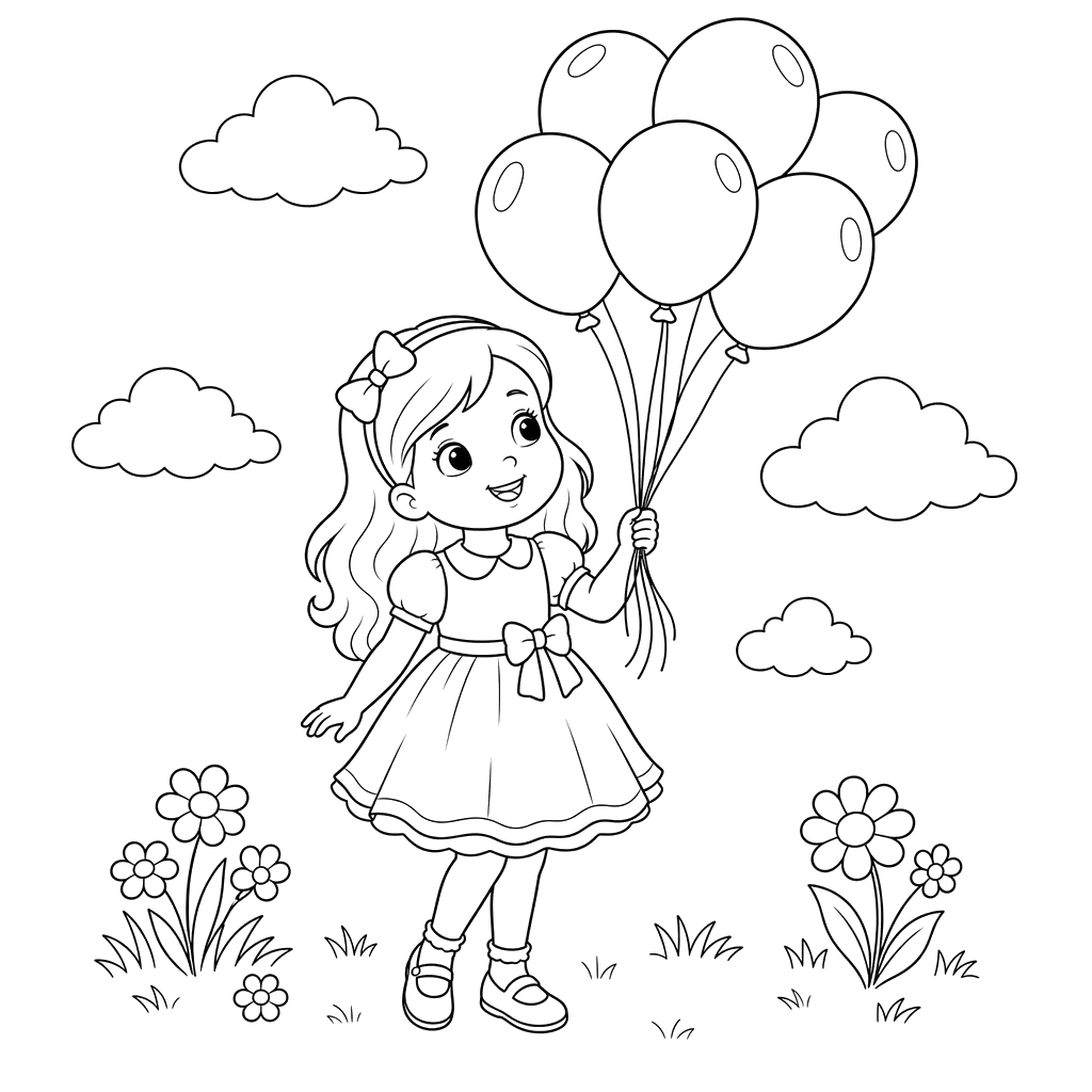 Girl with Balloons Coloring Page
