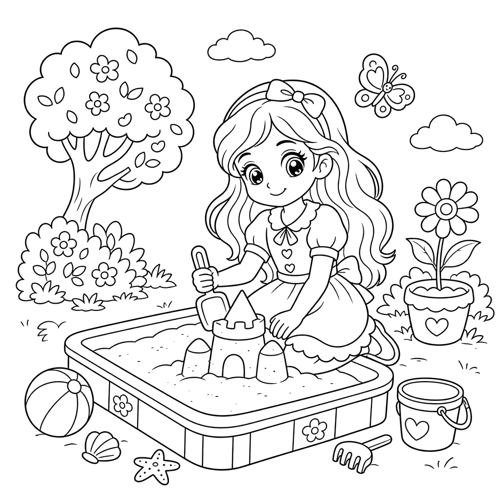 Girl with Long Hair by the Sandbox — Coloring Page