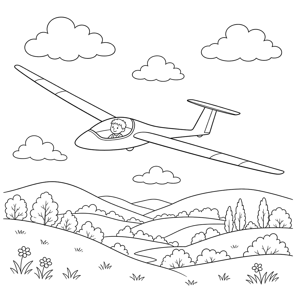 Glider over Hills Coloring Page