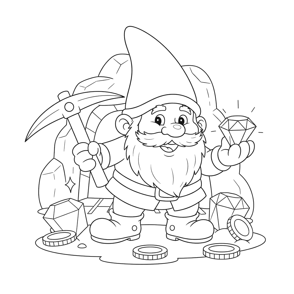 Gnome Collecting Gems Coloring Page