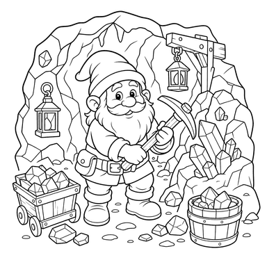 Gnome by Ore in a Cave — Coloring Page