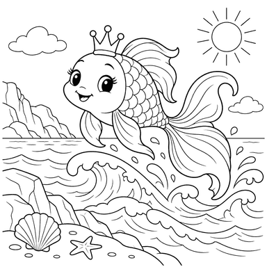 Golden Fish by the Sea Coloring Page