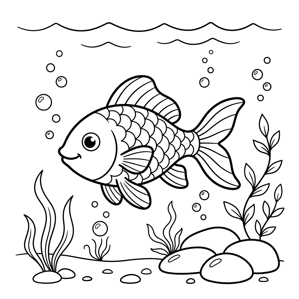 Golden Fish Swimming in the Sea Coloring Page