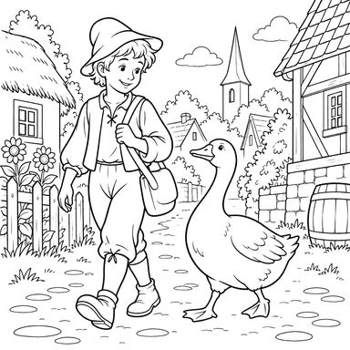 Golden Goose on a Village Street Coloring Page