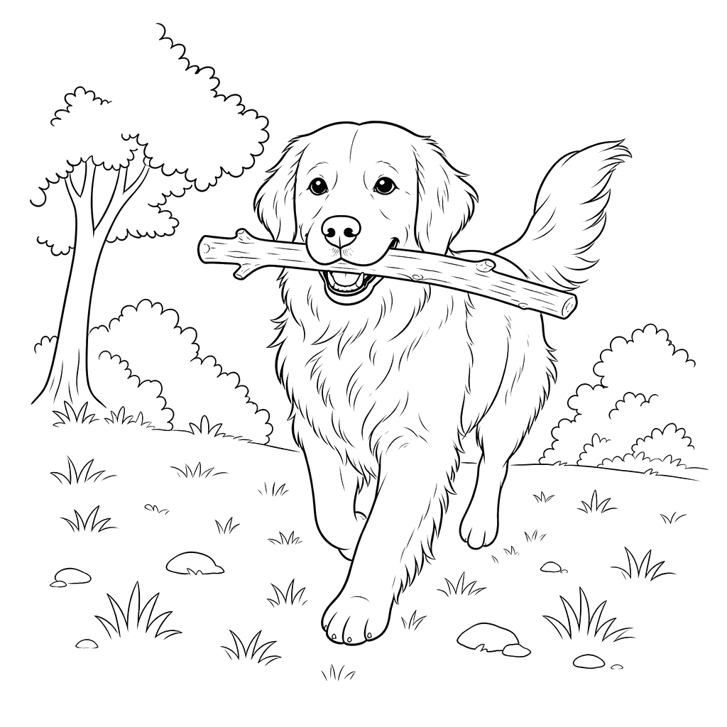 Golden Retriever Bringing a Stick — Coloring Page
