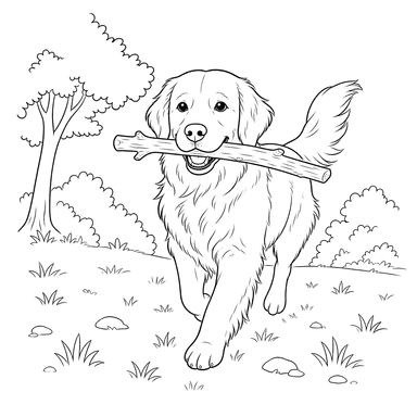 Golden Retriever Bringing a Stick — Coloring Page