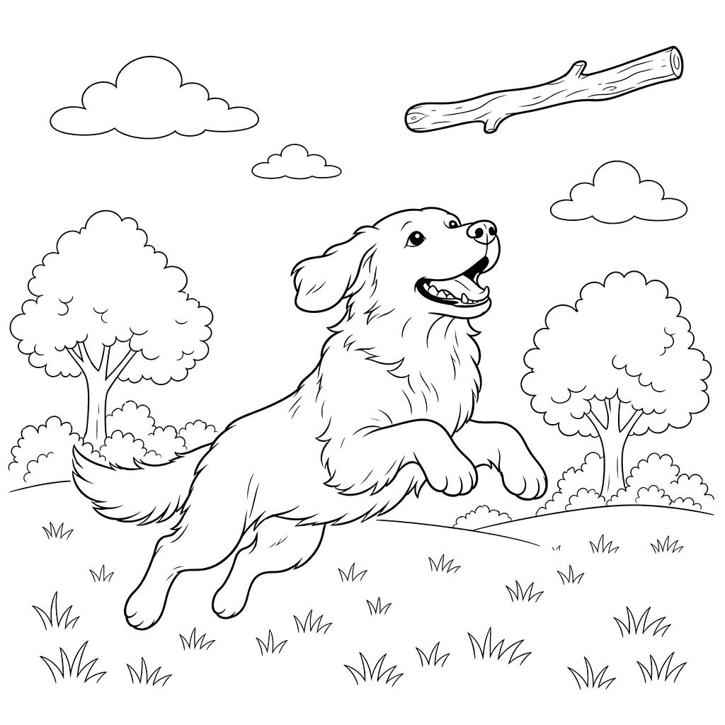 Golden Retriever Catching a Stick — Coloring Page