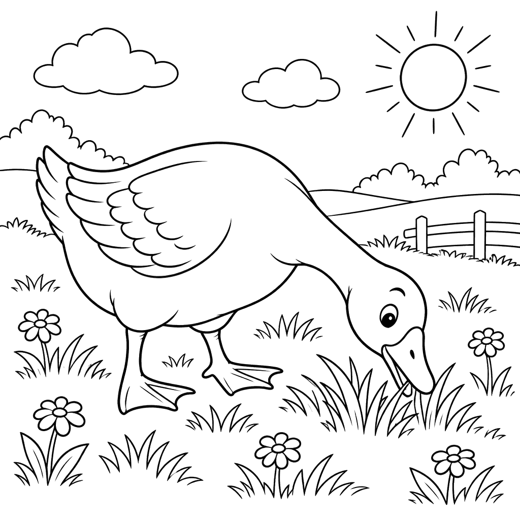 Goose Eating Grass in a Meadow