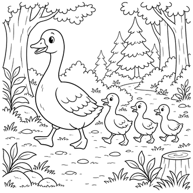 Goose Family on a Forest Path