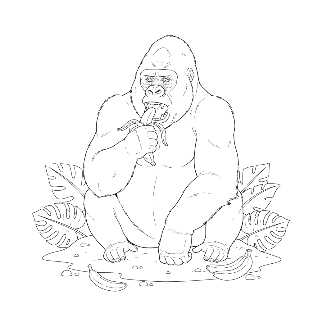 Gorilla Eating a Banana Coloring Page