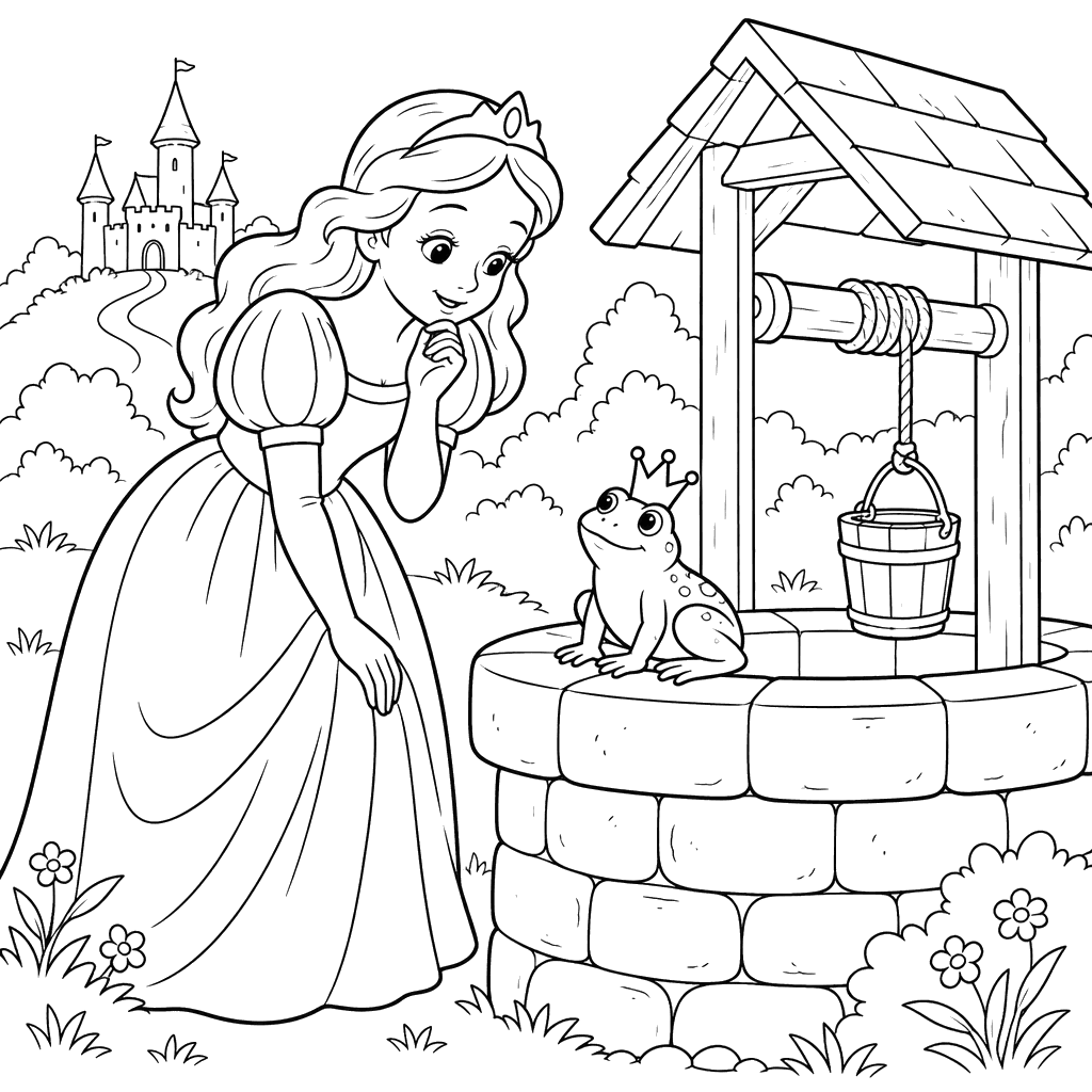 Frog Prince at the Well Coloring Page