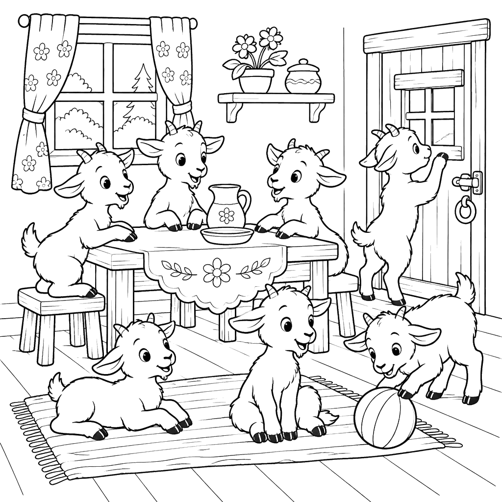Seven Little Goats in the Cottage Coloring Page