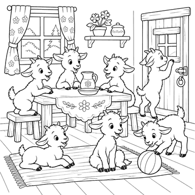 Seven Little Goats in the Cottage Coloring Page
