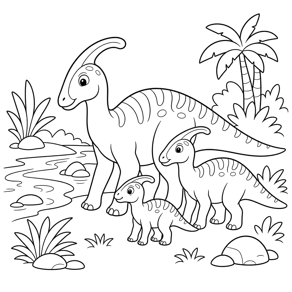 Hadrosaur family by the river coloring page