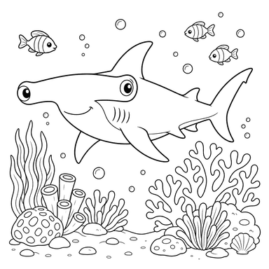 Hammerhead Shark and Corals Coloring Page