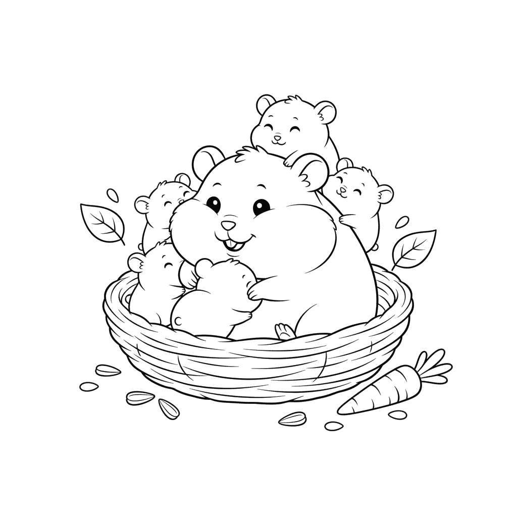 Hamster with Babies Coloring Page
