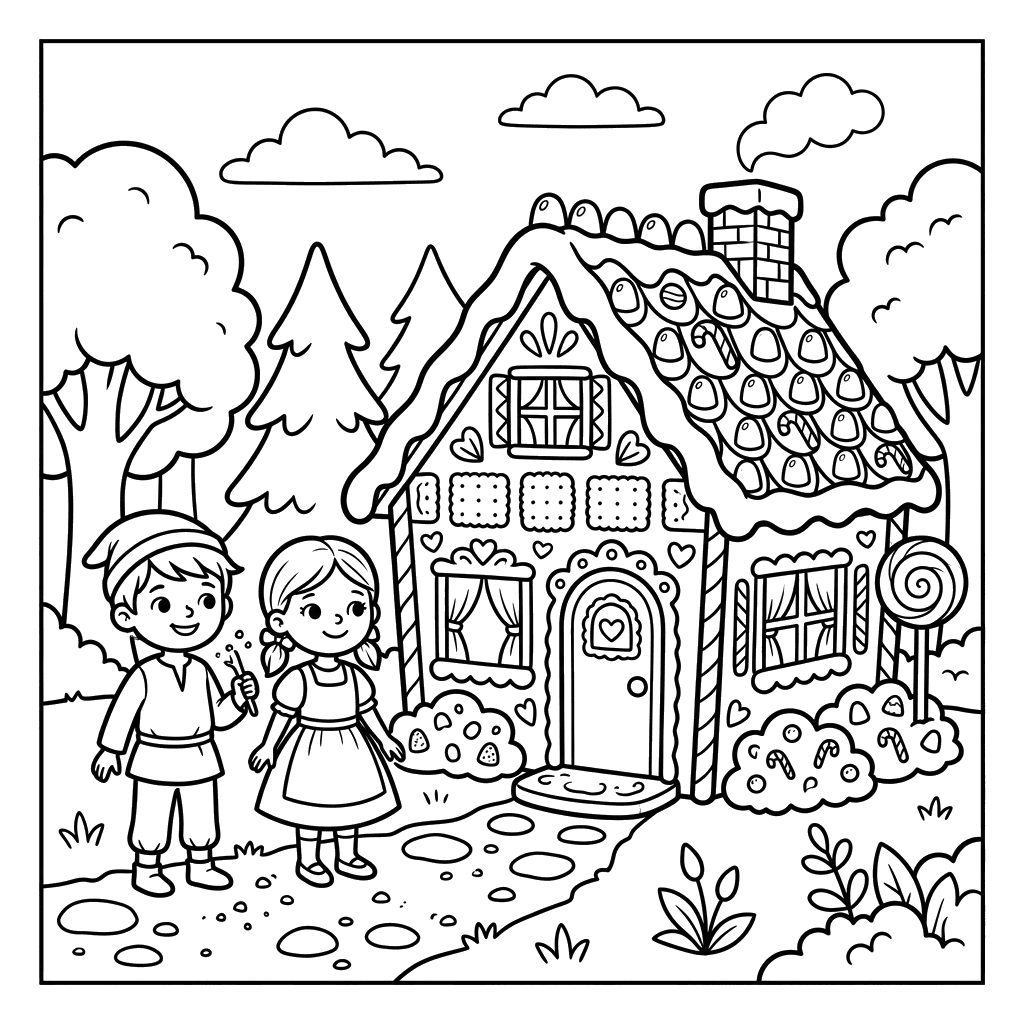 Hansel and Gretel Gingerbread House Coloring Page