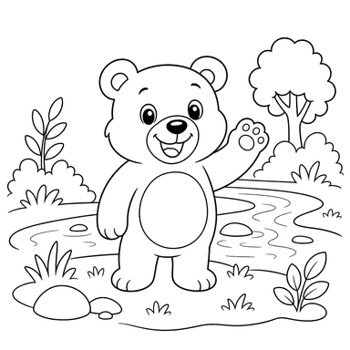 Happy bear by the river — printable coloring page