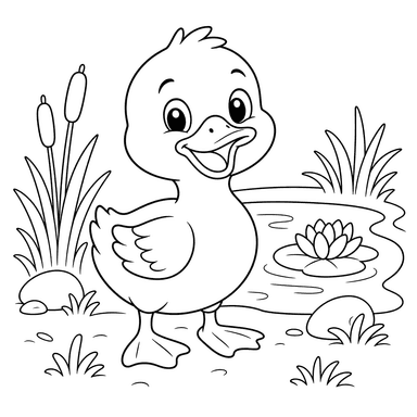 Happy Duckling by the Pond coloring page