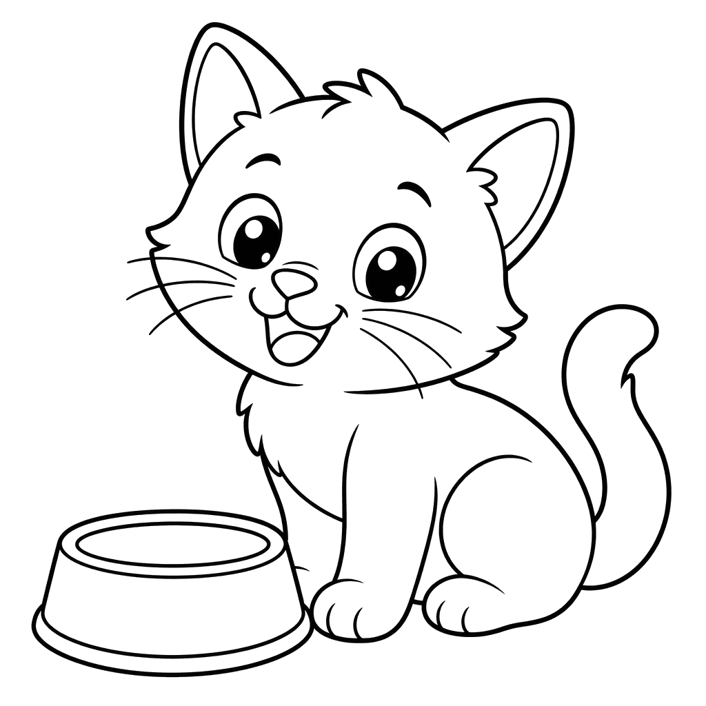 Happy kitten by a bowl coloring page