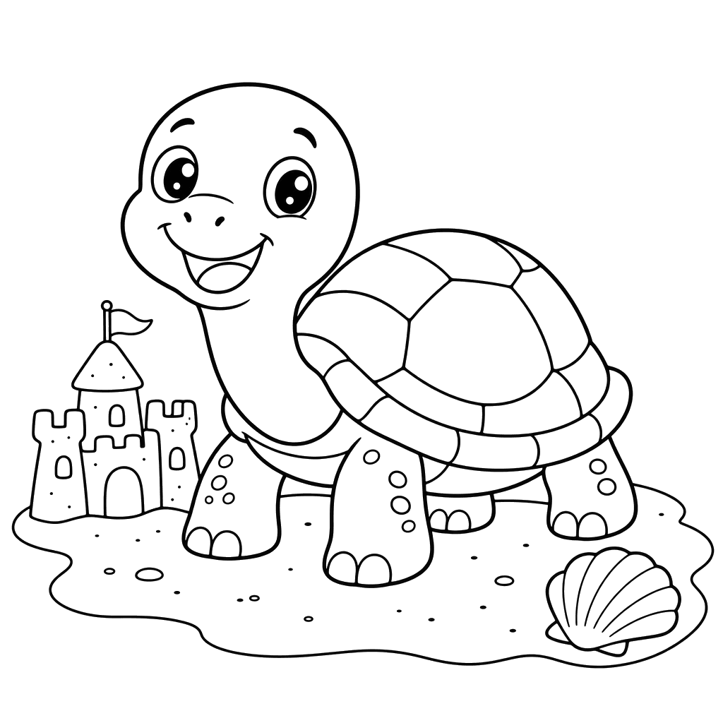 Cheerful Turtle on the Beach Coloring Page