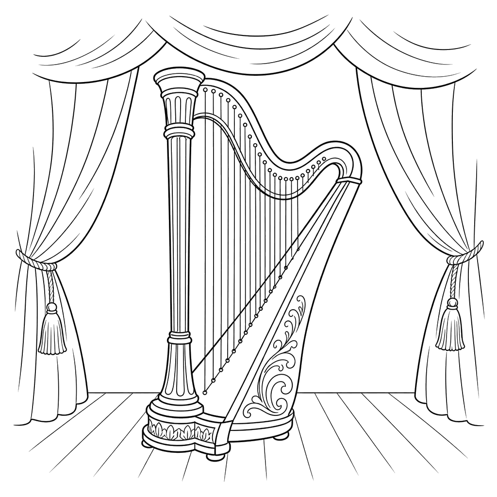 Harp by the Theater Curtain