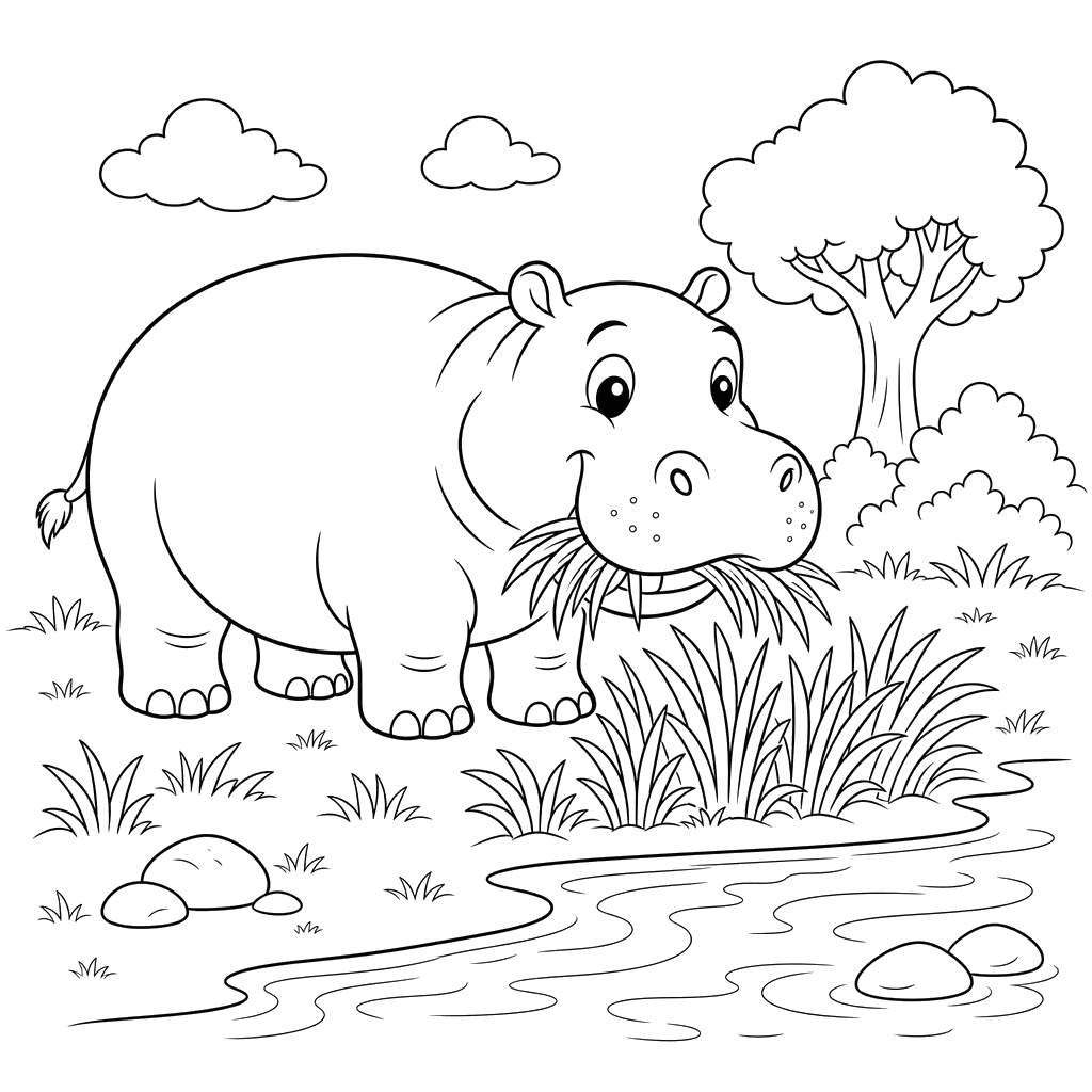 Hippo Eating Grass on the Riverbank
