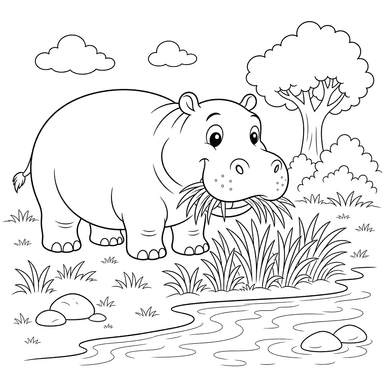 Hippo Eating Grass on the Riverbank