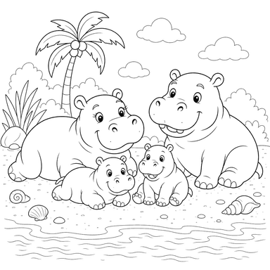 Hippo Family resting on the Beach