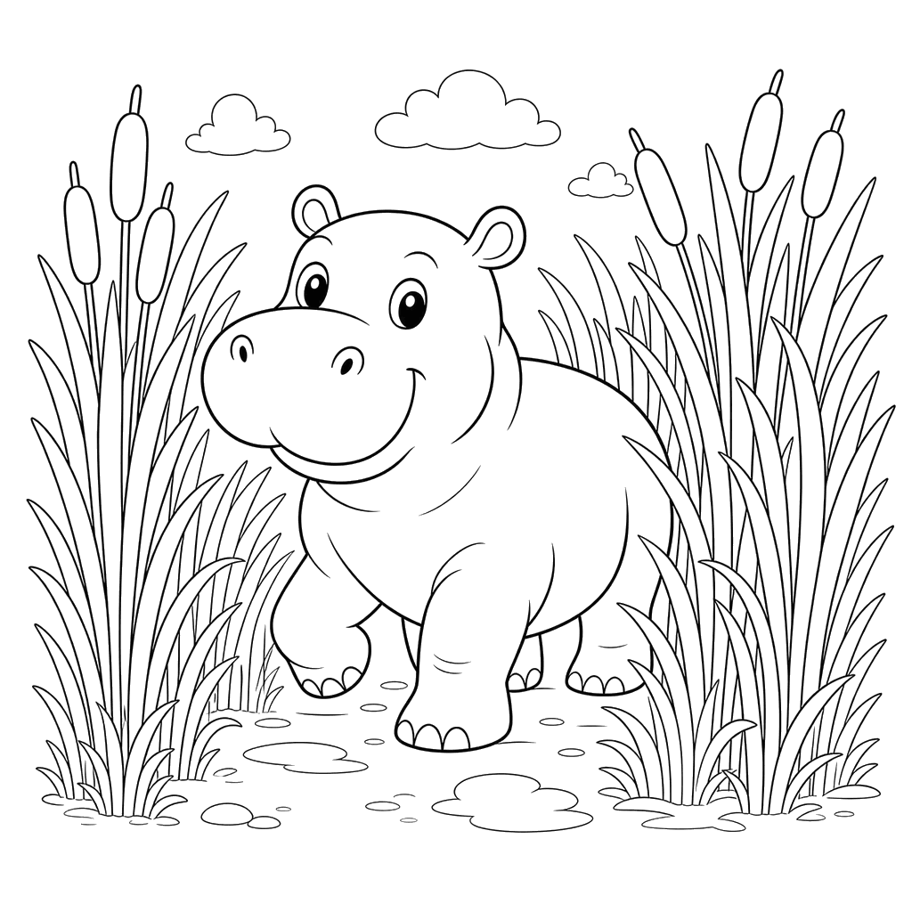 Hippo in Reeds Coloring Page