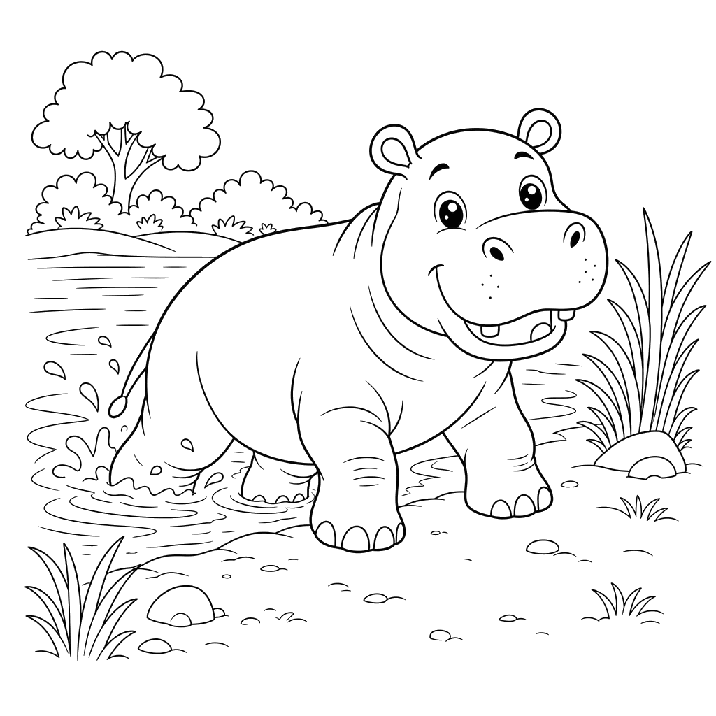 Hippo Climbing Out of Water Coloring Page