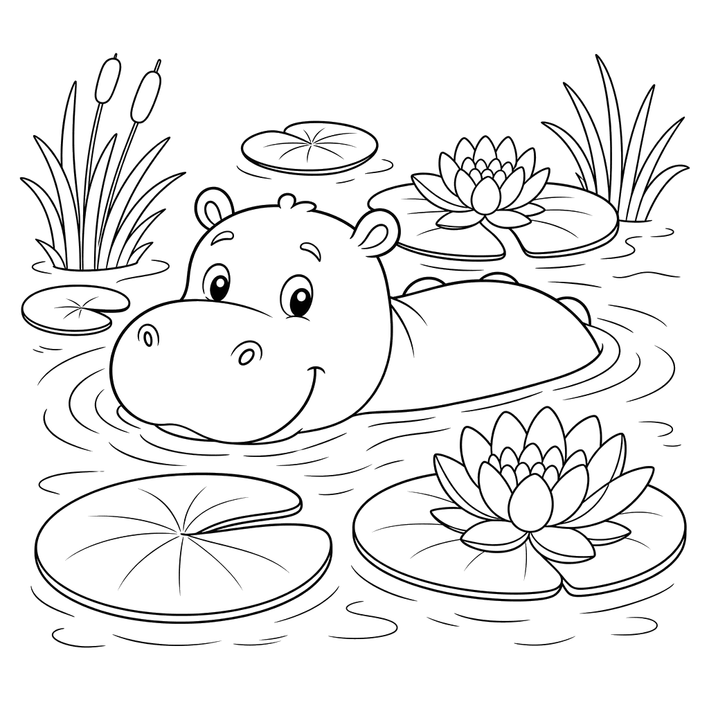 Hippo Swimming among Water Lilies