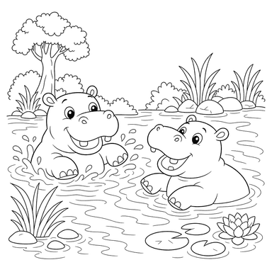 Hippos Playing in the River Coloring Page