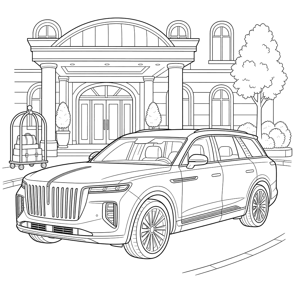 Hongqi E‑HS9 by a Hotel — Coloring Page