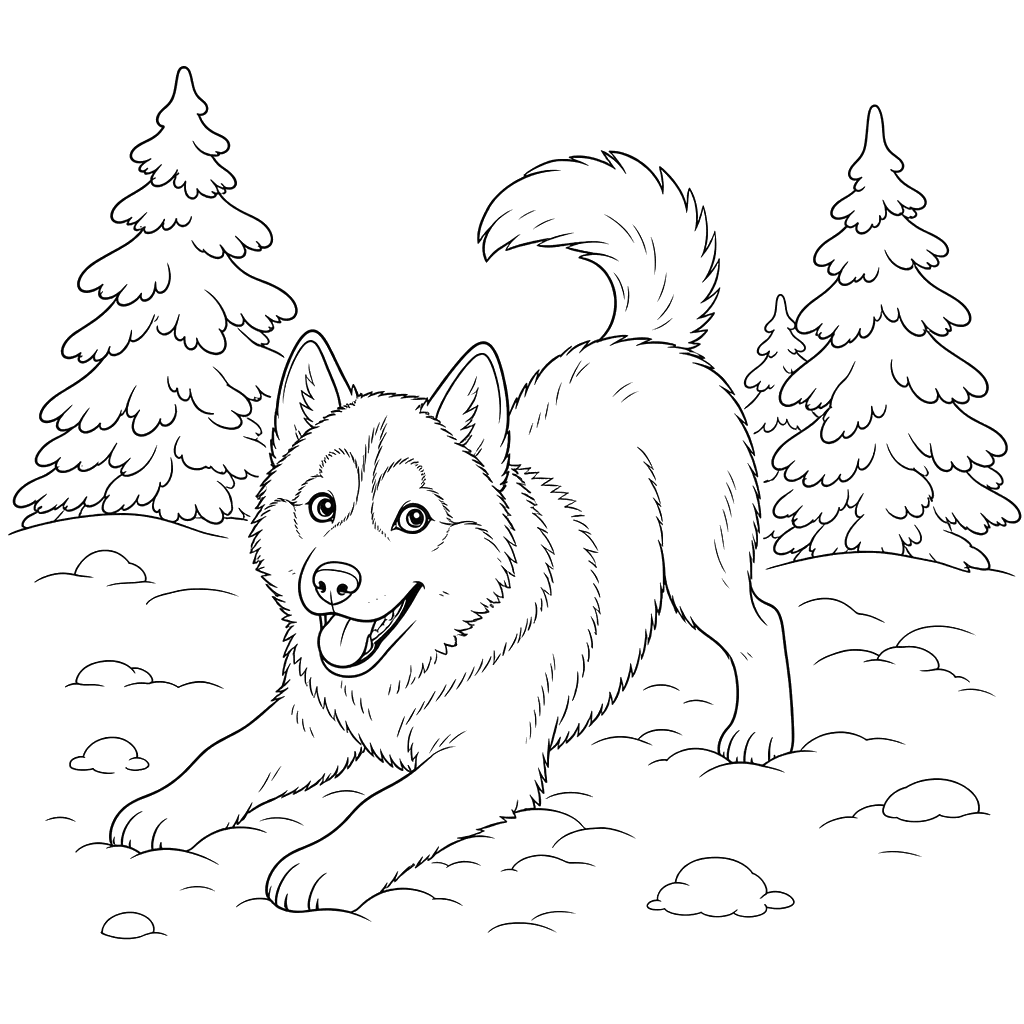 Husky Playing in Snow by Pines