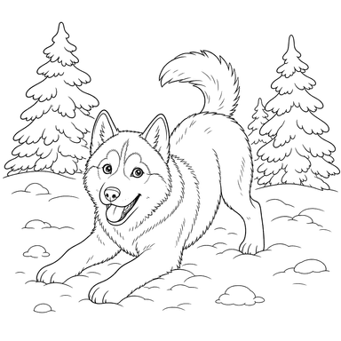 Husky Playing in Snow by Pines