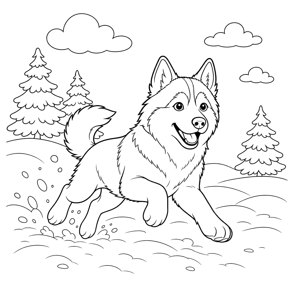 Husky Running in the Snow Coloring Page