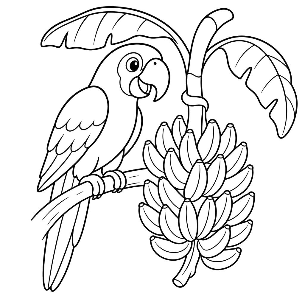 Hyacinth Macaw with Banana Bunch Coloring Page