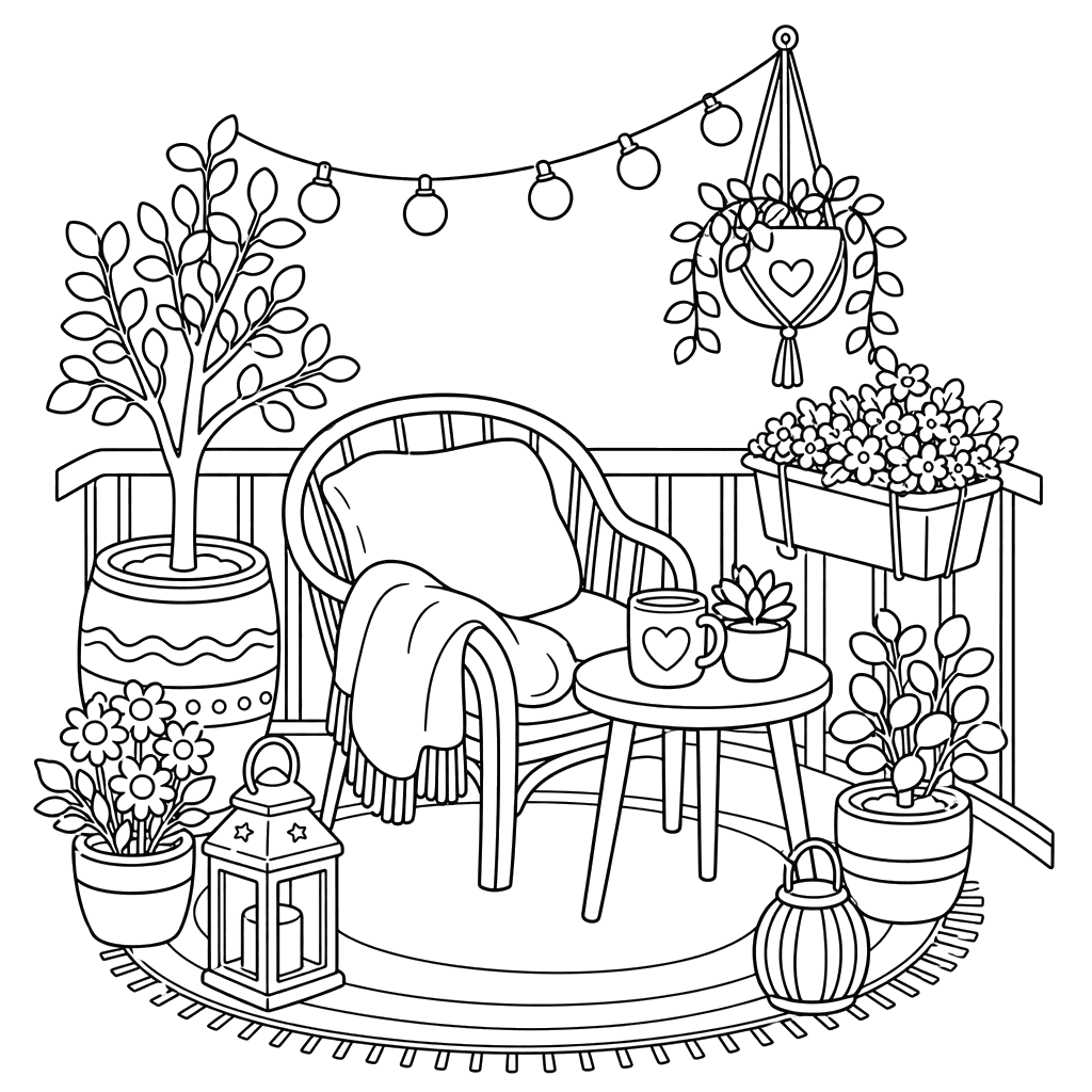 Hygge balcony with potted plants coloring page