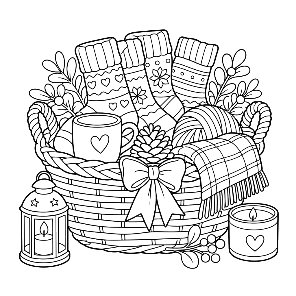 Hygge basket with warm socks coloring page