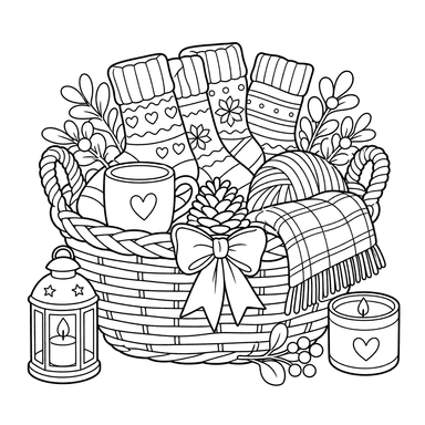 Hygge basket with warm socks coloring page