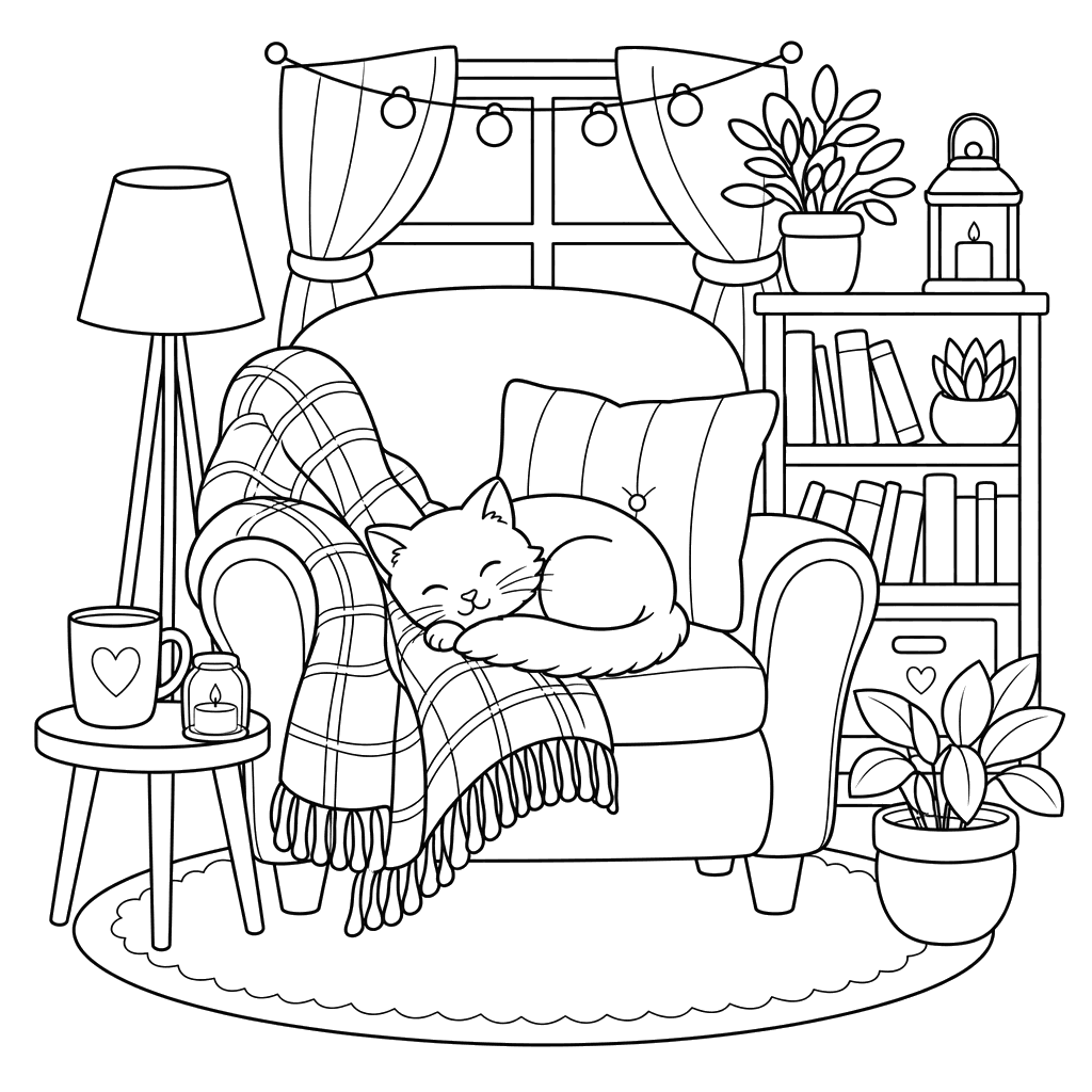 Hygge corner with blanket and cat